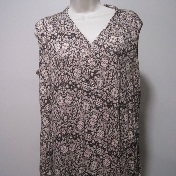Per Seption Concept Sleeveless Womens XL Geometric Tan Brown Smocked Stretch Top - Picture 1 of 7